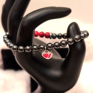 Heart and Stroke Foundation Hematite Beaded bracelet with Black and Red Beads
